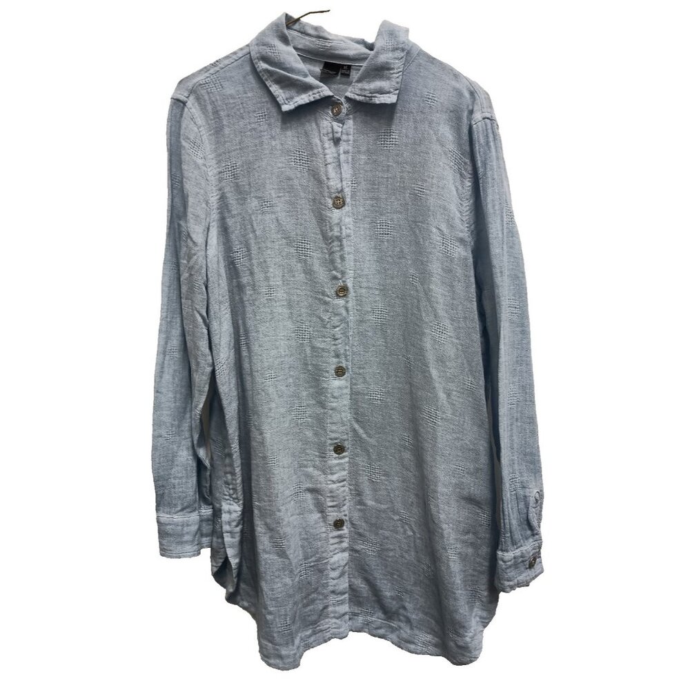 Focus Lagenlook Top Womens XL Light Blue Linen Blend Textured Button Up Casual